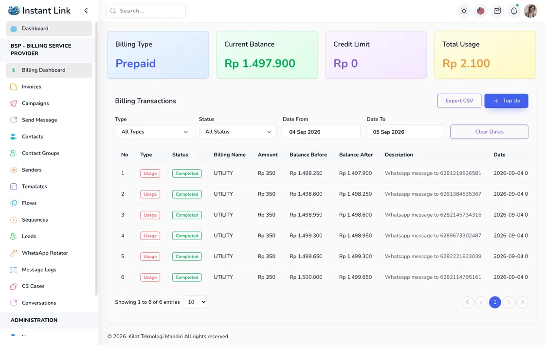 Halaman Billing Instant Link: saldo, riwayat transaksi, dan top up