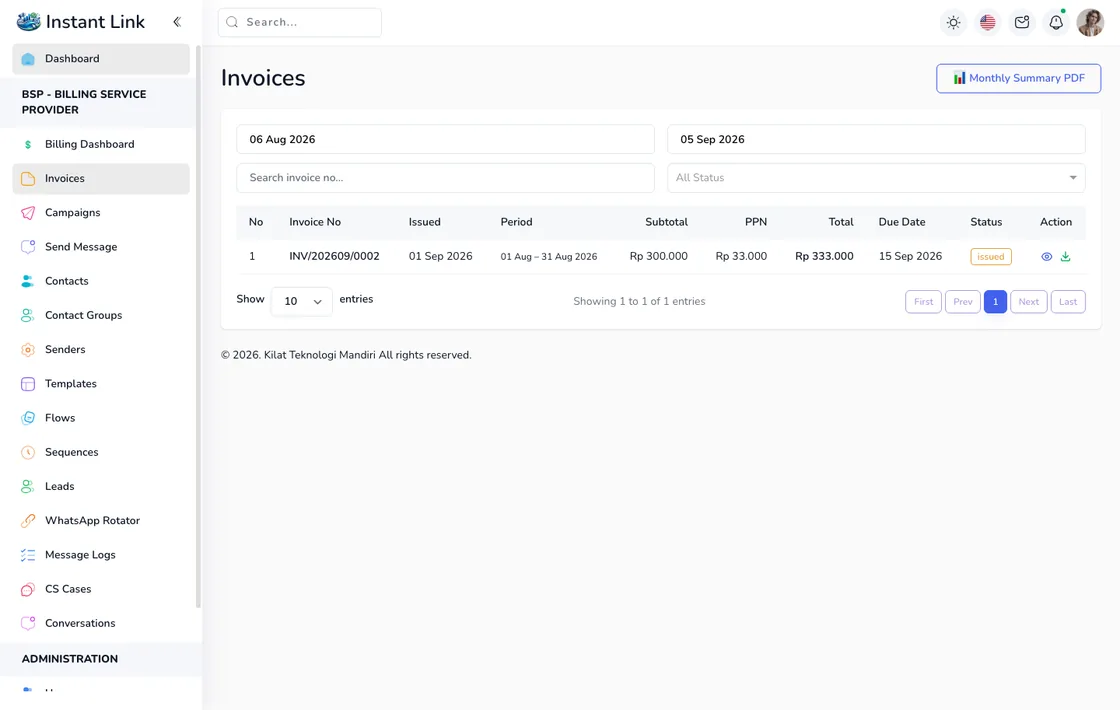 Halaman Invoices Instant Link: nomor invoice, periode, subtotal, PPN, dan total